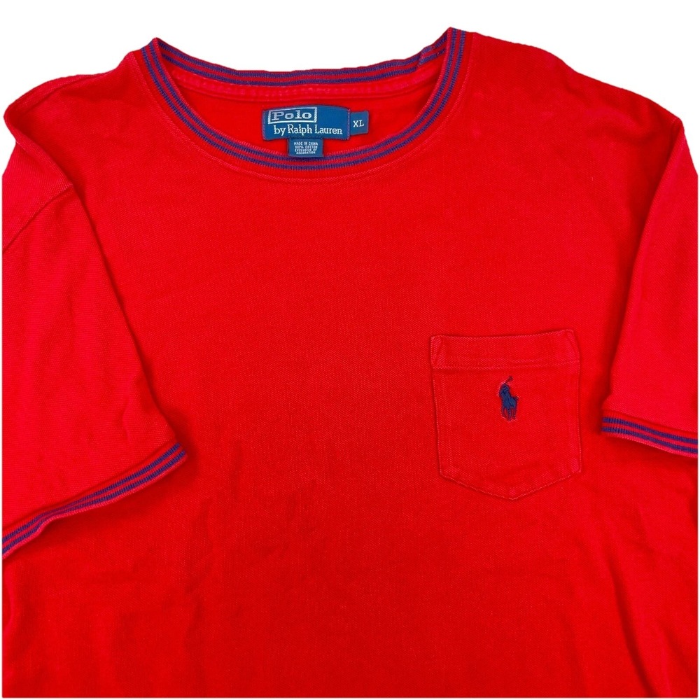Vintage Polo Ralph Lauren Shirt Men XL Red Blue Pony Tee Flat Pocket Y2K Mesh